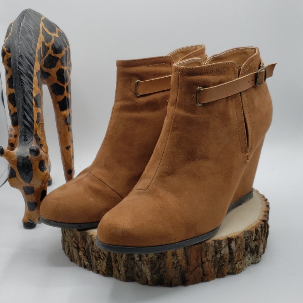 Suede Tan Wedge Booties